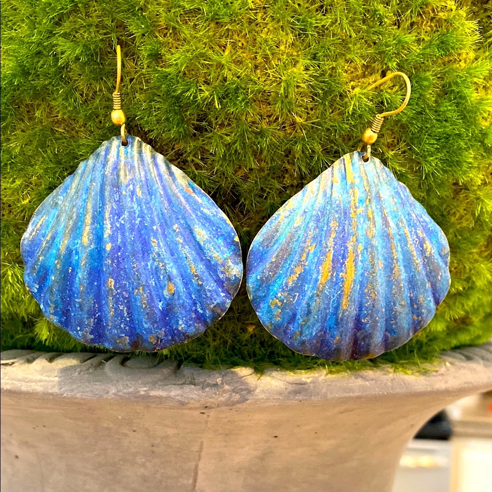 Blue and Gold Seashell Earrings